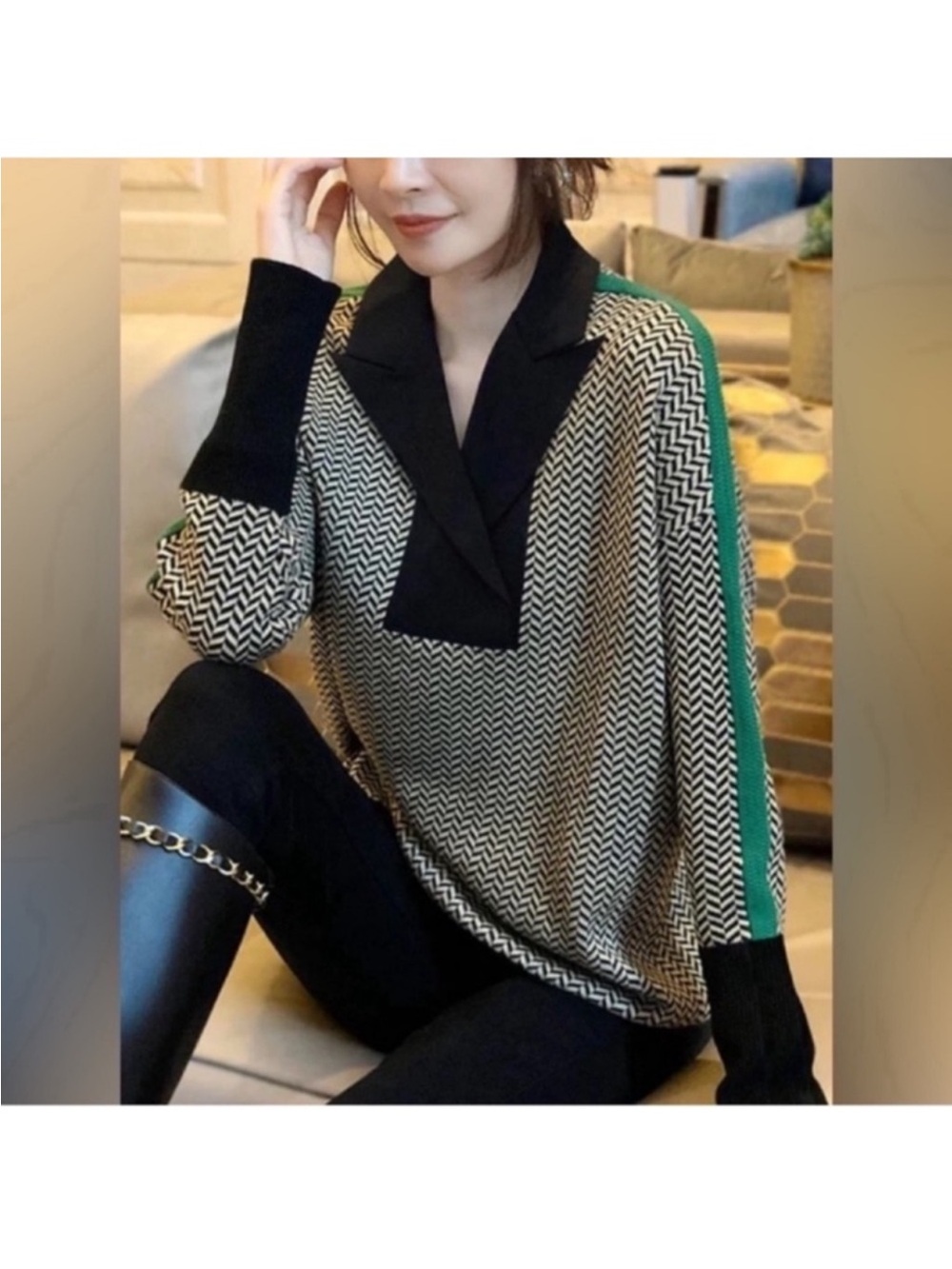 Women’s Knit V Neck sweater Sz L Collared Black White Green Stripes Unique Rare